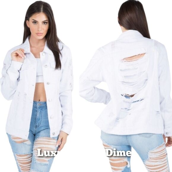 American Eagle Outfitters Jackets & Blazers - AMERICAN EAGLE White Ripped, Distressed, Cropped Denim Jacket Size Large